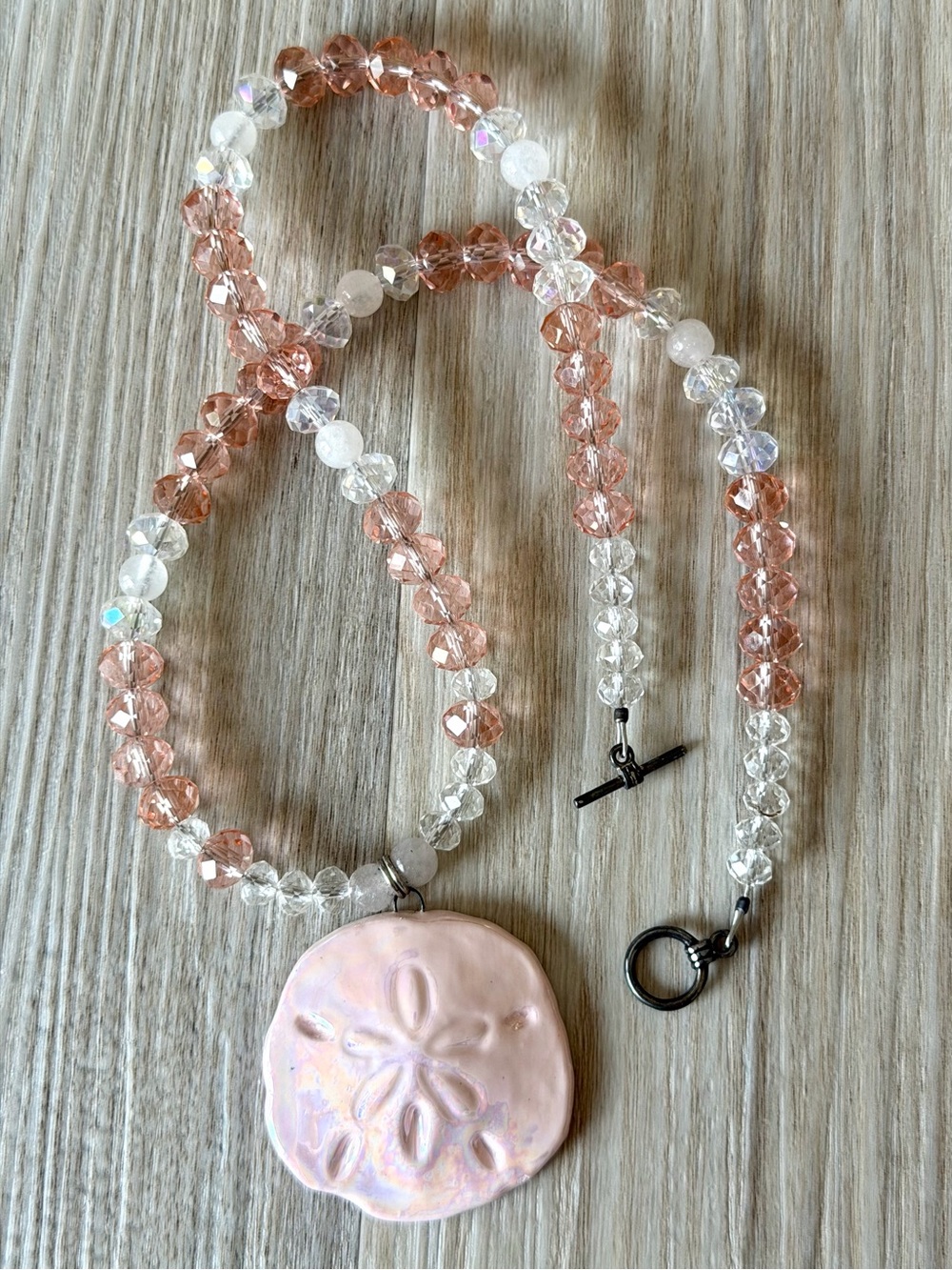 Iridescent Sand Dollar Pendant Necklace Faceted Beaded Coastal Beach Boho Chic